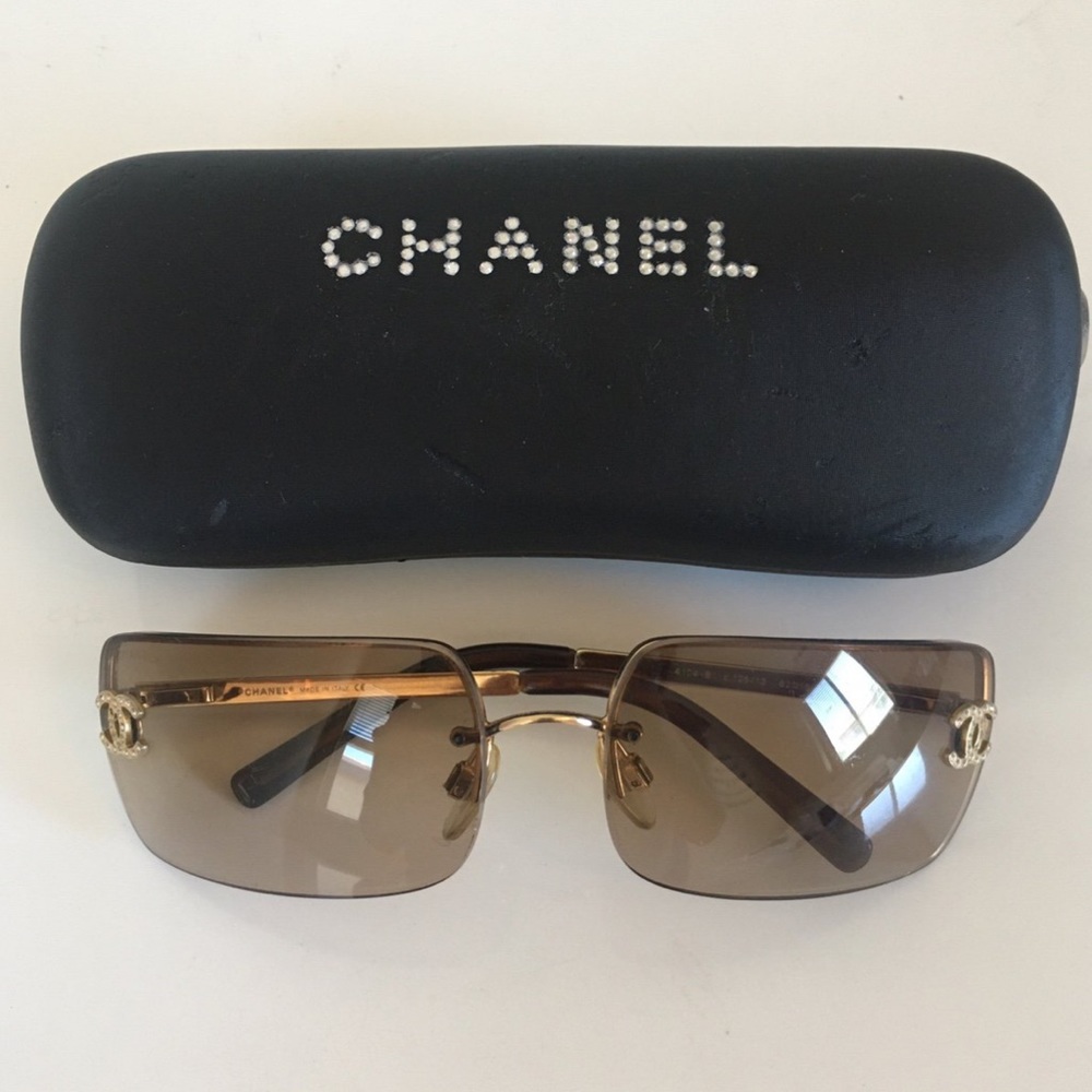 Authentic Chanel Crystal CC Rimless 4104-B Tan sunglasses